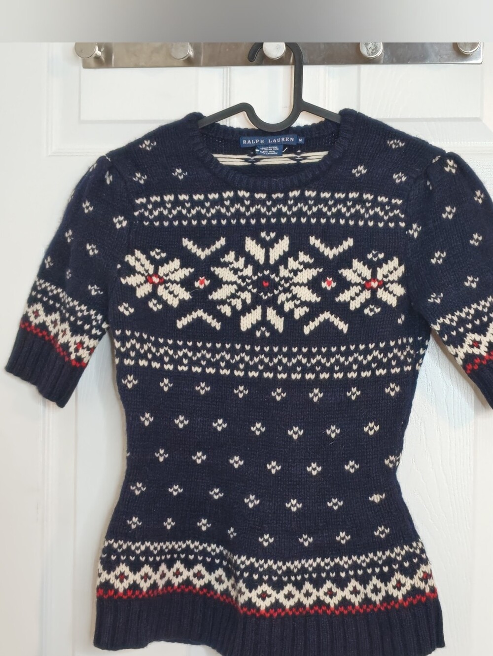 Ralph Lauren Short Sleeve Floral Nordic Patterned Wool Cashmere Navy Sweater M